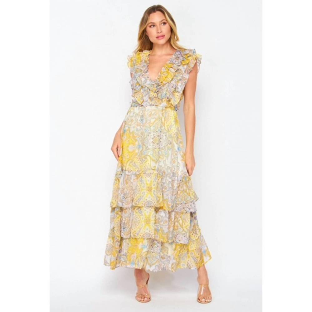 NEW BIG HIT FASHION paisley floral ruffle maxi dress in yellow